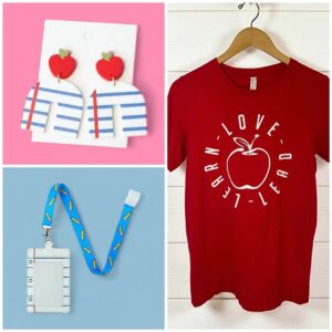 Apple Shirt with Notebook Earrings & Lanyard